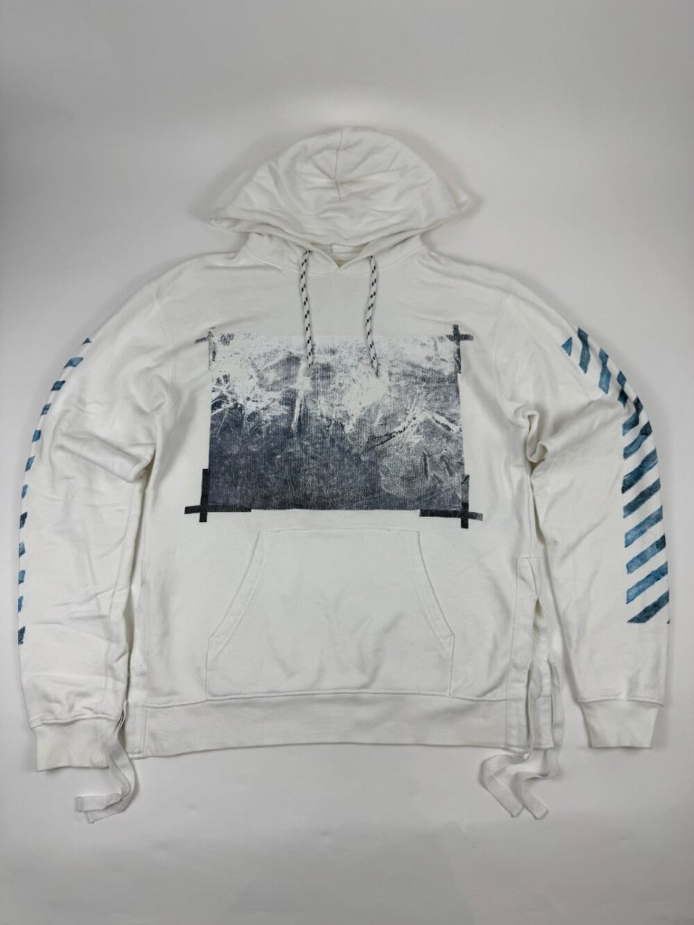 Off-White Mens Small S White Graphic Hoodie Tidal Wave Diagonal Stripes Pullover